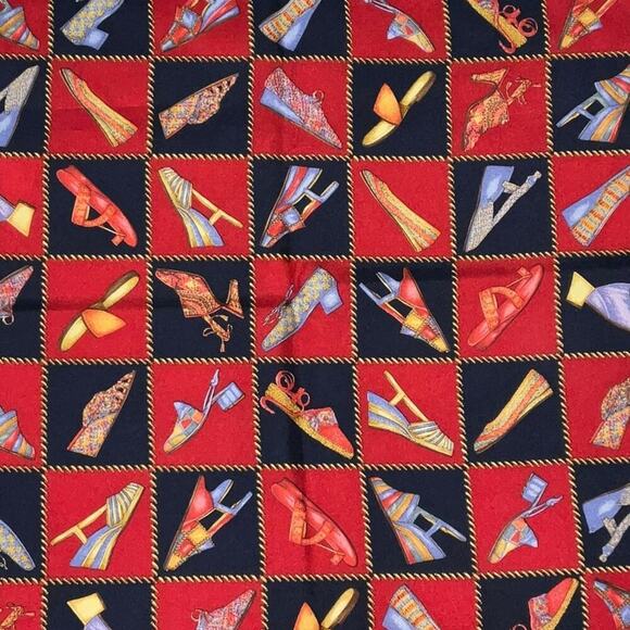 Salvatore Ferragamo Vintage 100% Silk Shoe Designs Scarf 16” Square Red Blue - Picture 6 of 12